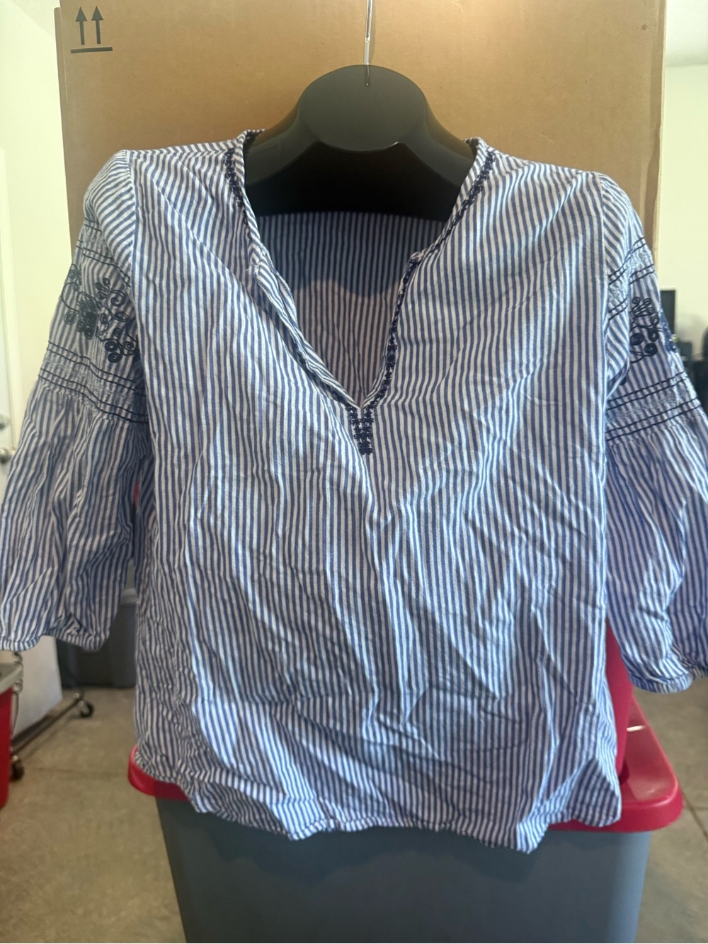 Women's Blue and White Striped V-Neck Embroidered Peasant Top mp51